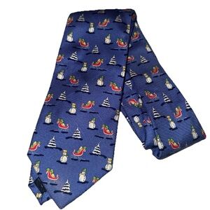 Lands’ End Silk Blue Christmas Tie Snowman Sleigh
